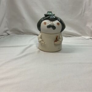 Green Pottery Ceramic Peasant Husband Cookie Jar - Green and White